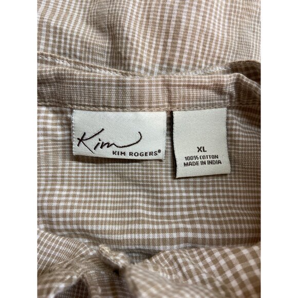 Kim Rogers Womens Gingham Button Up Shirt XL Tan Long Sleeve Preppy Lt Academia - Picture 3 of 6